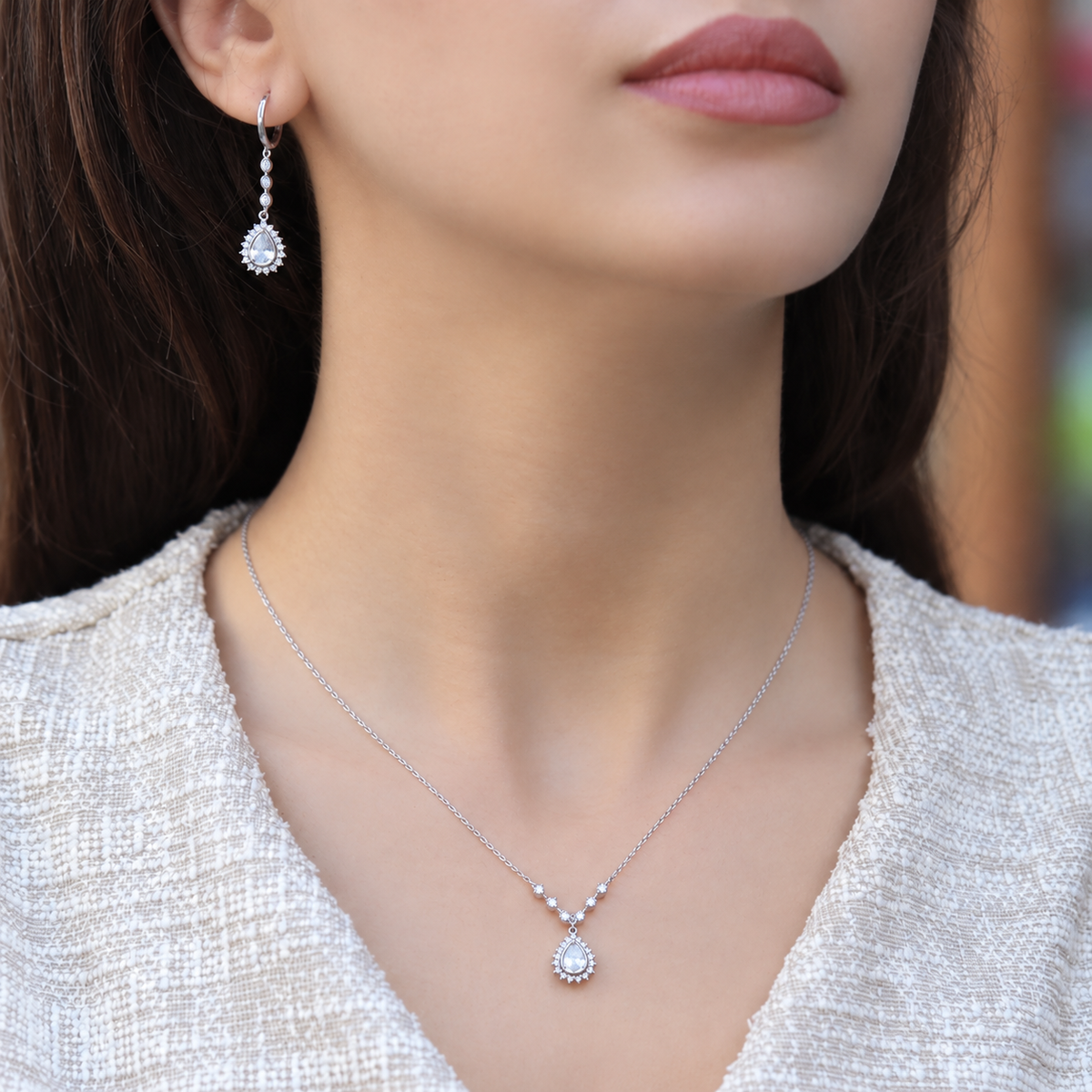 Vintage Tasarım Damla Beyaz Topaz & Pırlanta Set
