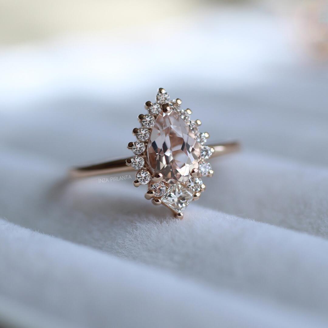 Tasarım Damla Morganite & Prenses Pırlanta Yüzük - İnza Pırlanta