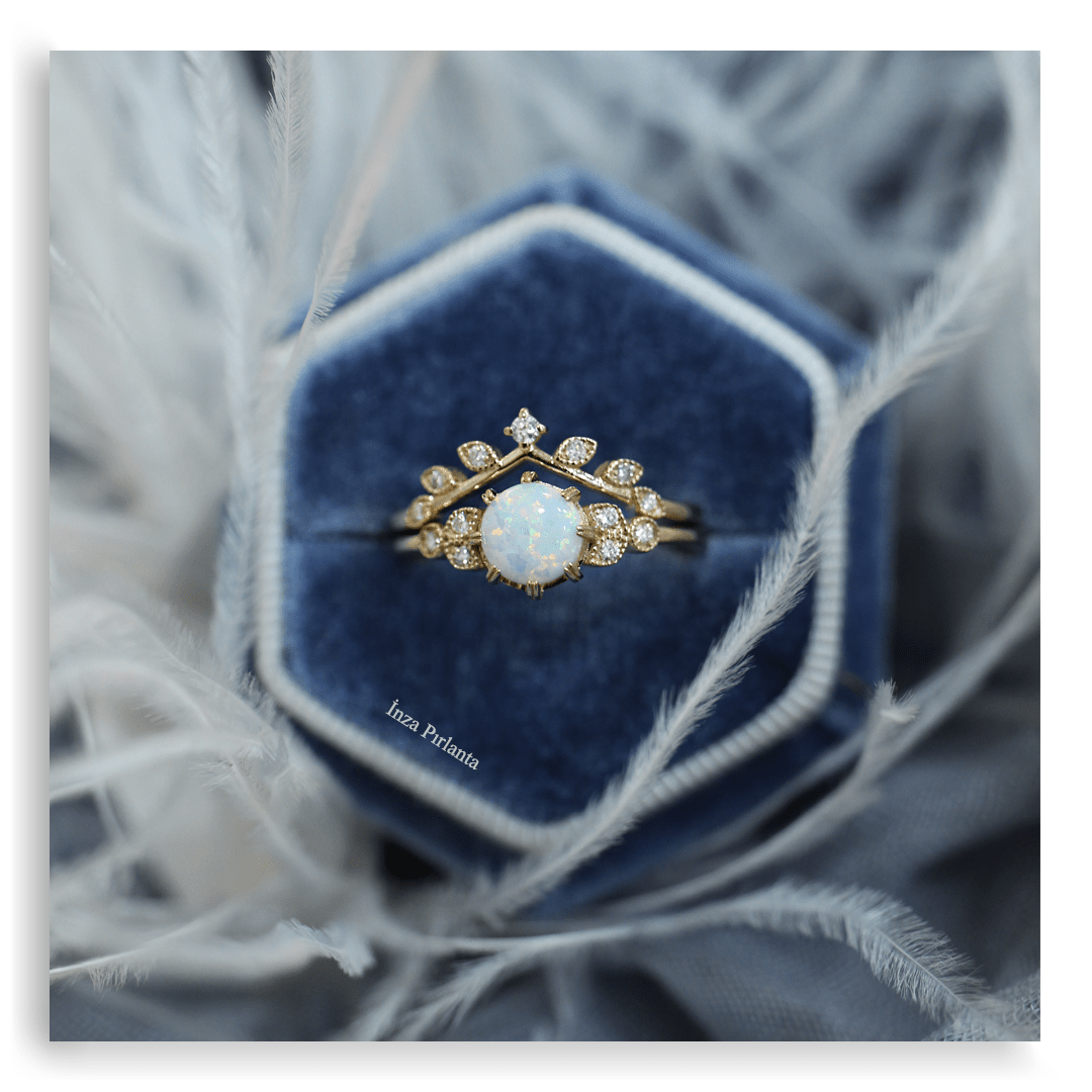 Vintage Opal & Dal Yarım Tur Pırlanta Yüzük - İnza Pırlanta