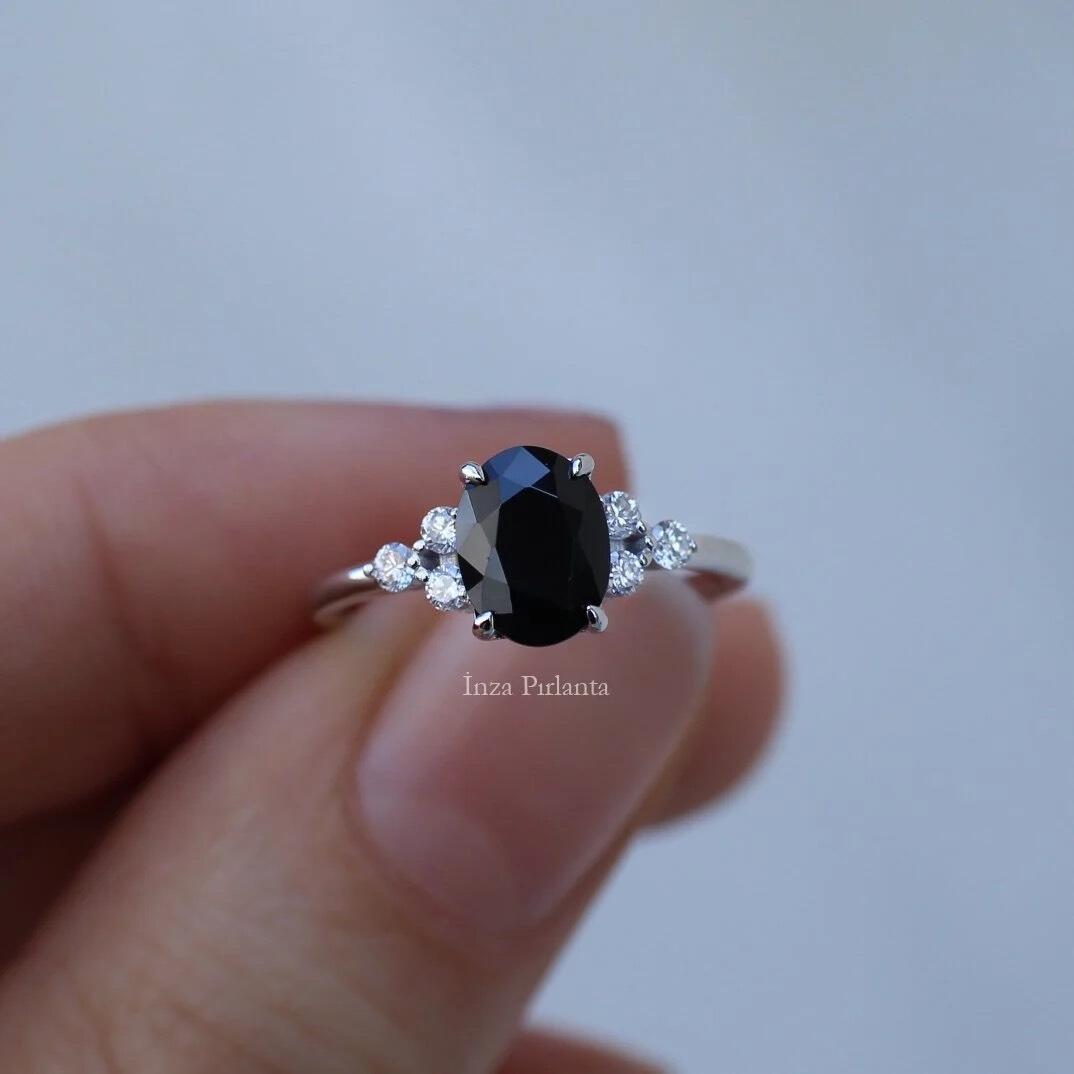 Vintage Siyah Spinel & Pırlanta Tektaş Yüzük - İnza Pırlanta