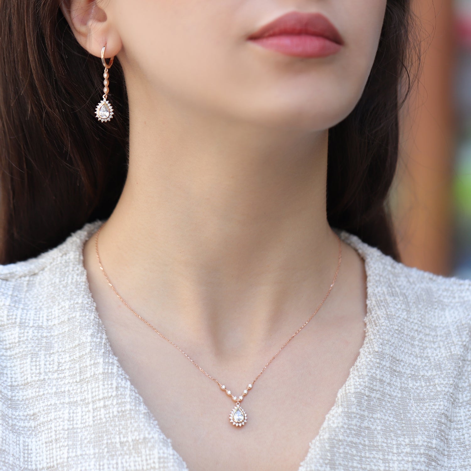 Vintage Tasarım Damla Beyaz Topaz & Pırlanta Set - İnza Pırlanta