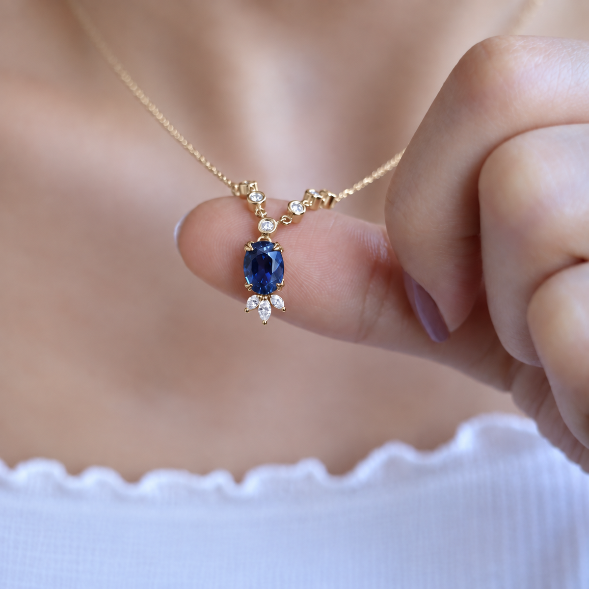 Vintage Lotus Blue Topaz & Pırlanta Kolye