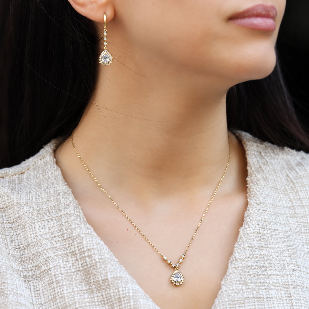 Vintage Tasarım Damla Beyaz Topaz & Pırlanta Set
