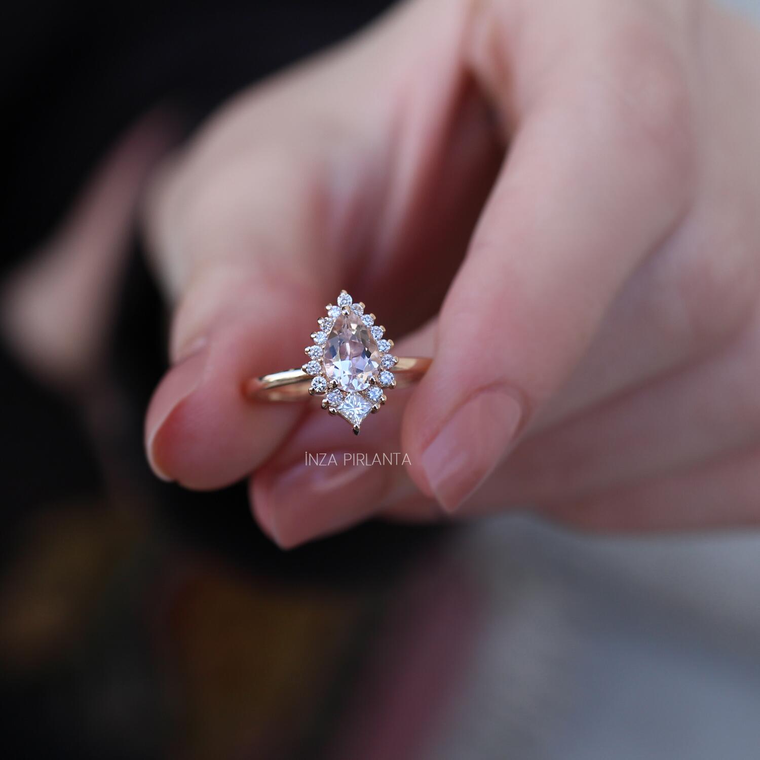Tasarım Damla Morganite & Prenses Pırlanta Yüzük - İnza Pırlanta
