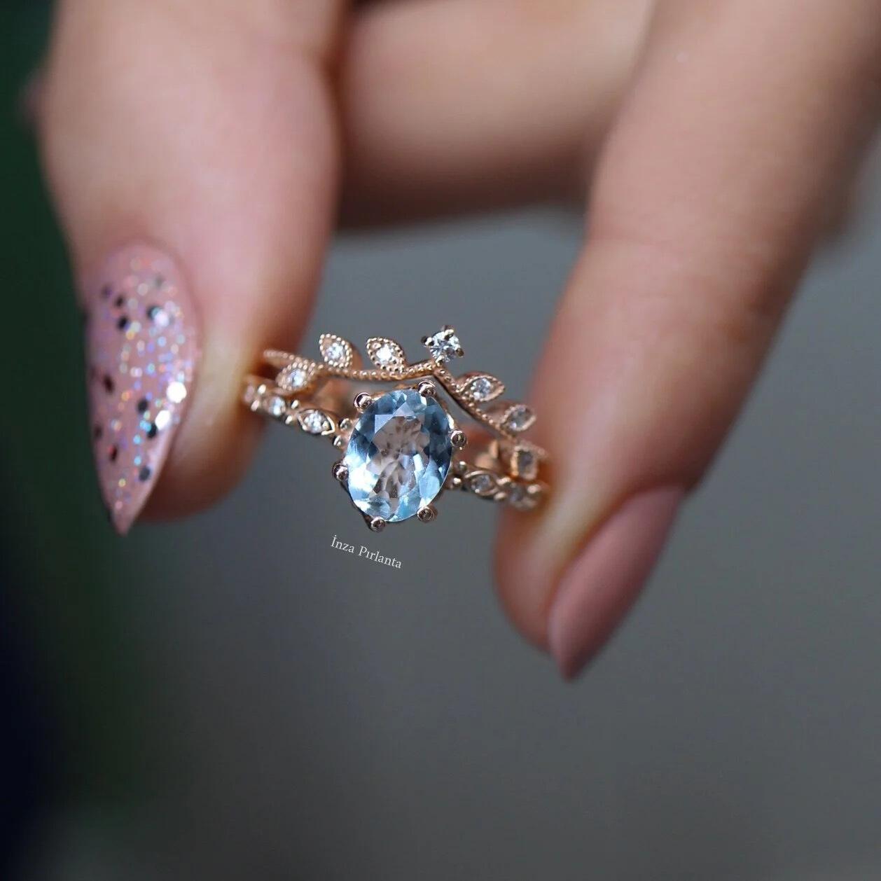 Vintage Dal & Aquamarine Pırlanta Yüzük - İnza Pırlanta