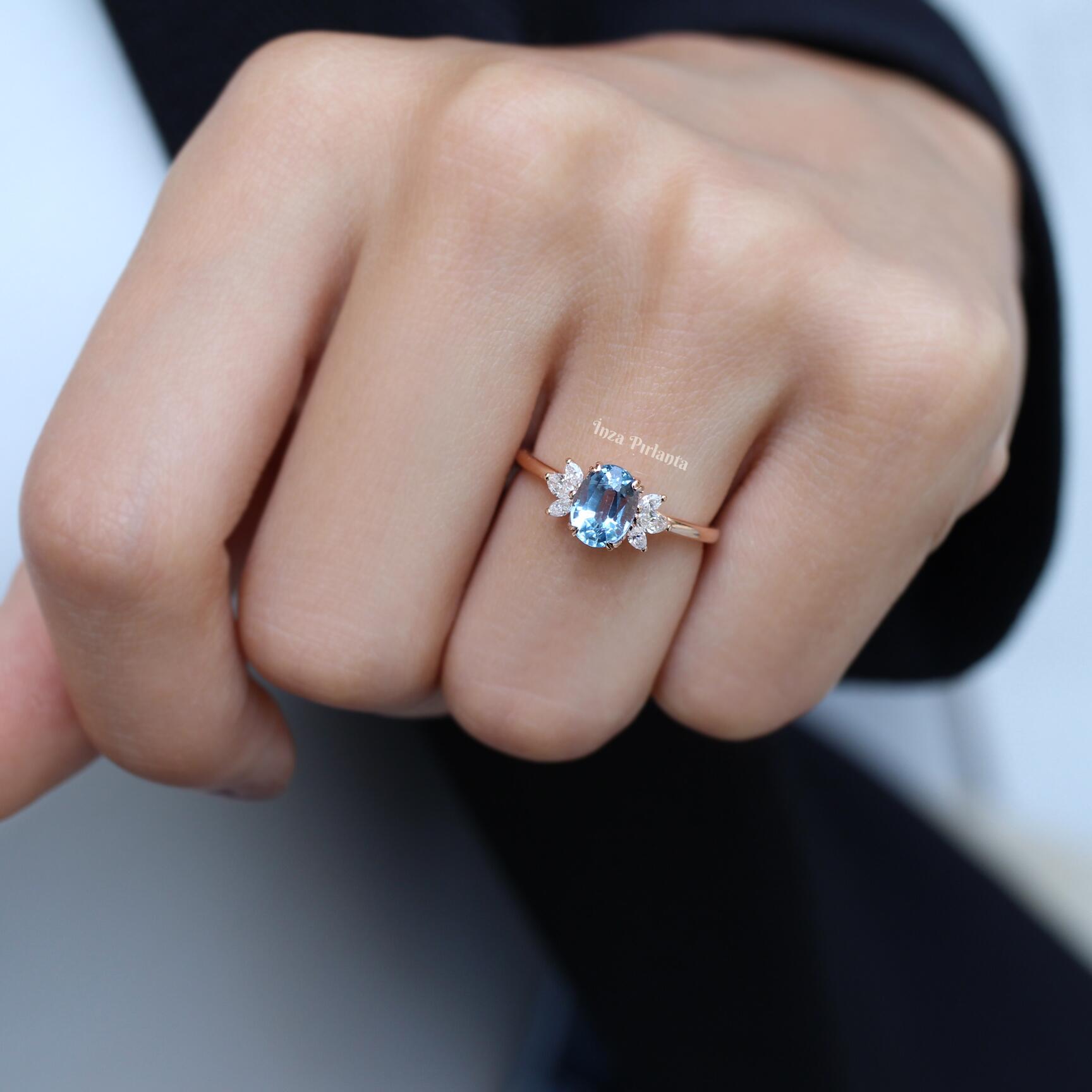 Vintage Mini Lotus Blue Topaz & Pırlanta Yüzük - İnza Pırlanta