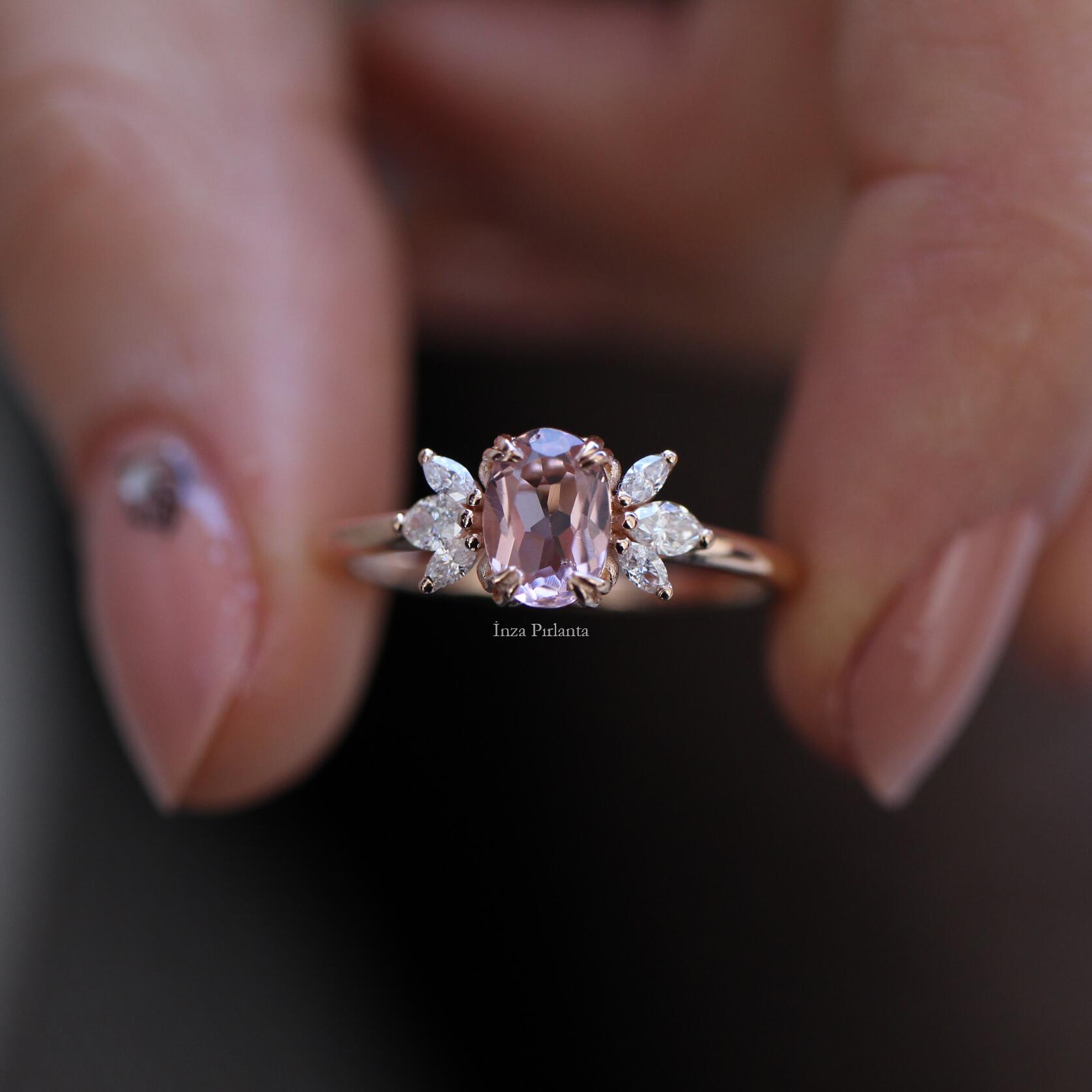 Vintage Mini Lotus Morganite & Pırlanta Yüzük - İnza Pırlanta