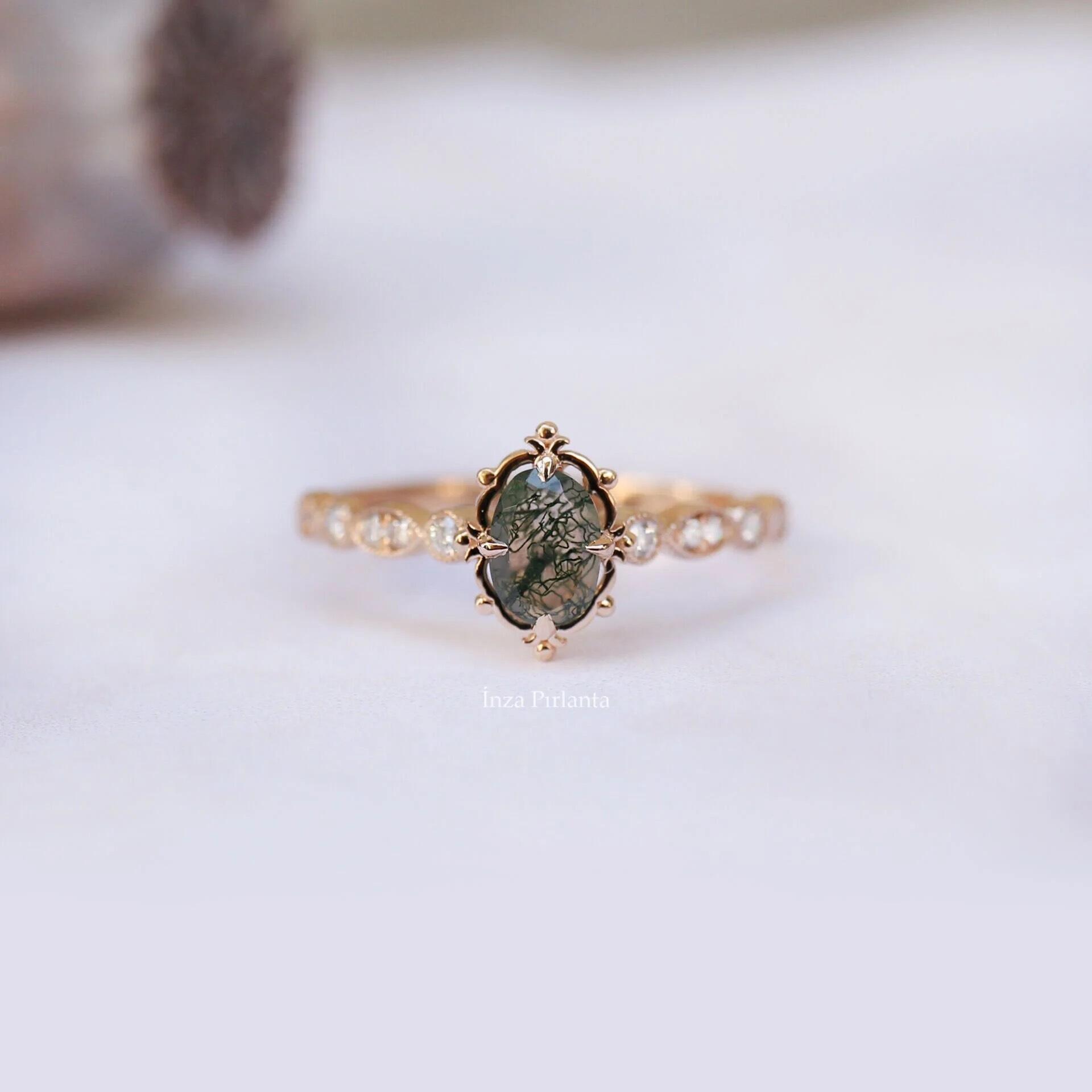 Vintage Özel Tasarım Moss Agate & Pırlanta Yüzük - İnza Pırlanta