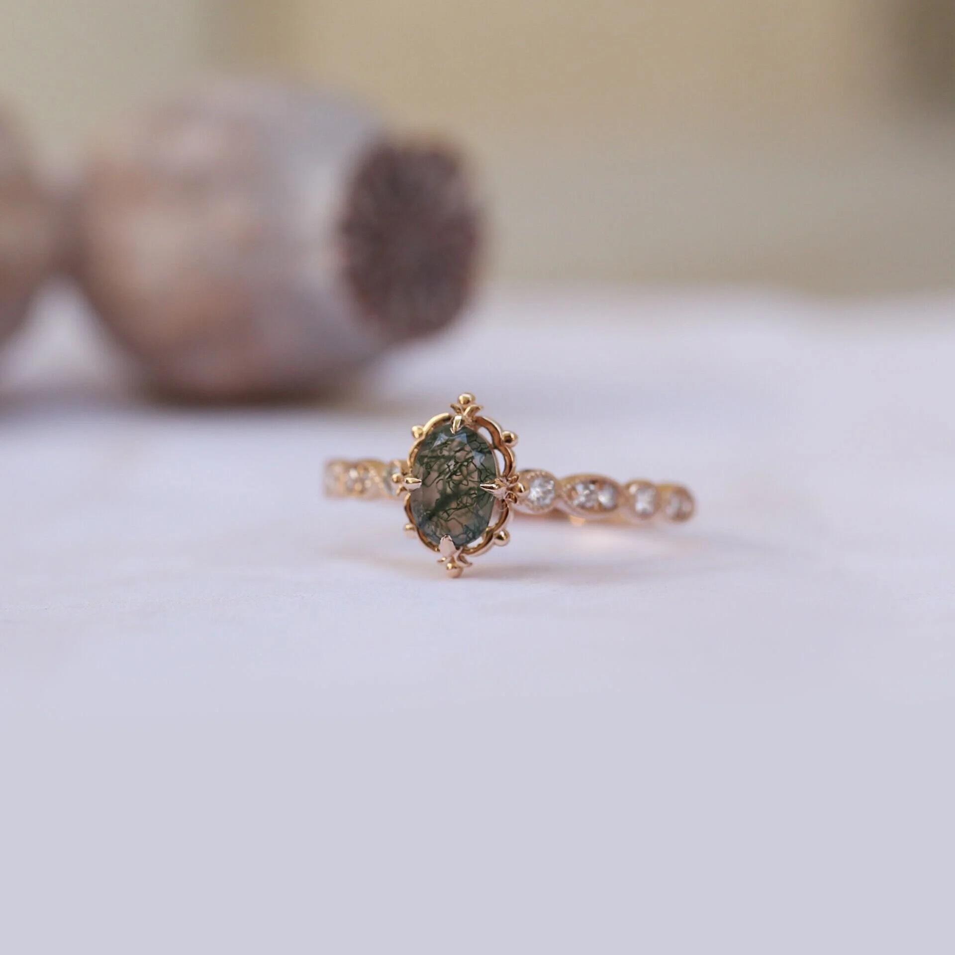 Vintage Özel Tasarım Moss Agate & Pırlanta Yüzük - İnza Pırlanta
